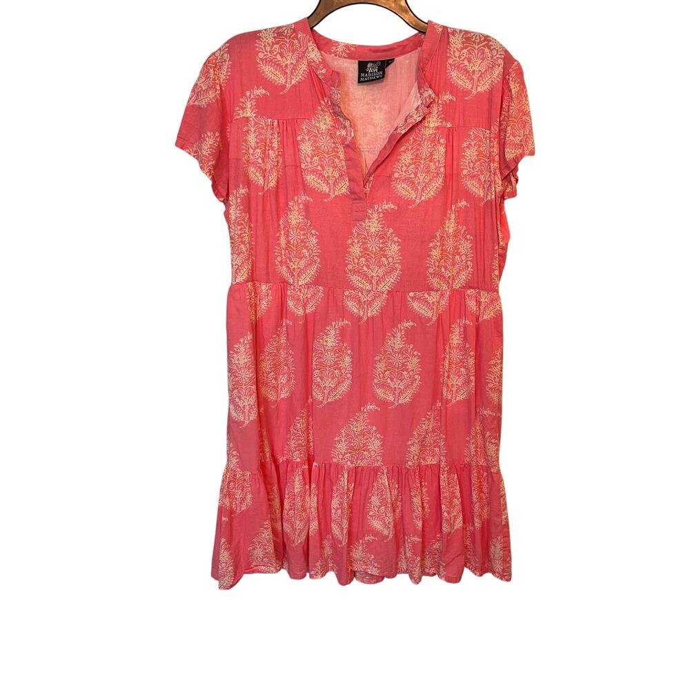 Madison Mathews Dress Sz XL Pink Tiered Cottage Floral Prairie Cotton Flowy FLAW - Picture 2 of 8